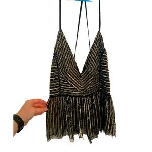 Nasty Gal Beaded Top. Black And Gold With Sheer Peplum Bottom. Size 8.